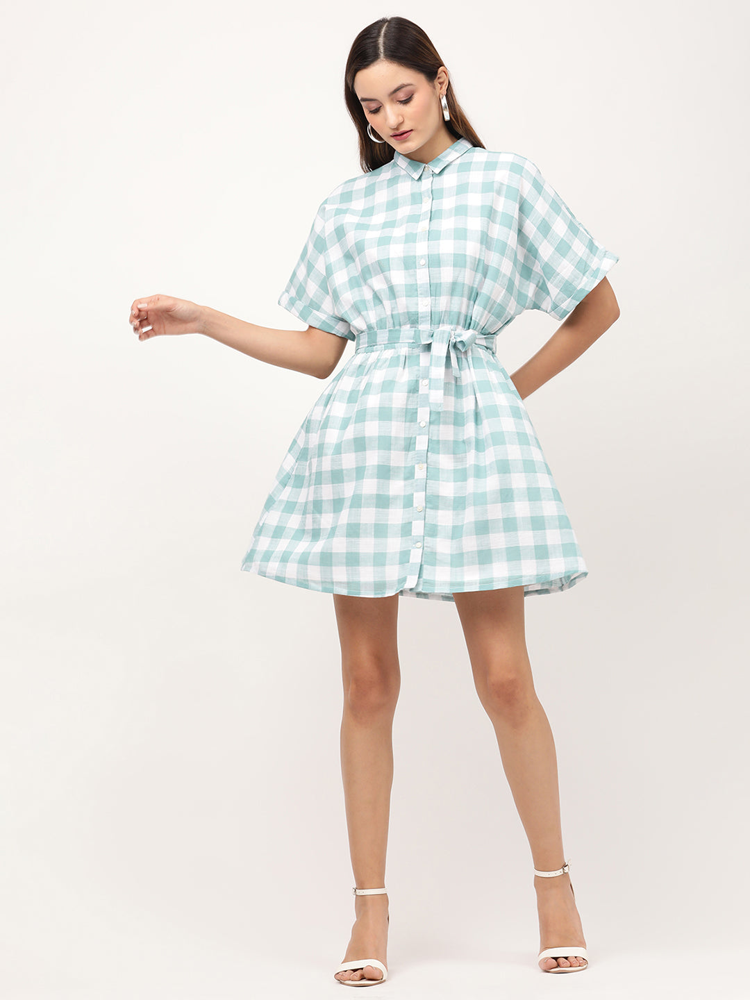 Elle Women Teal Checked Collar Dress