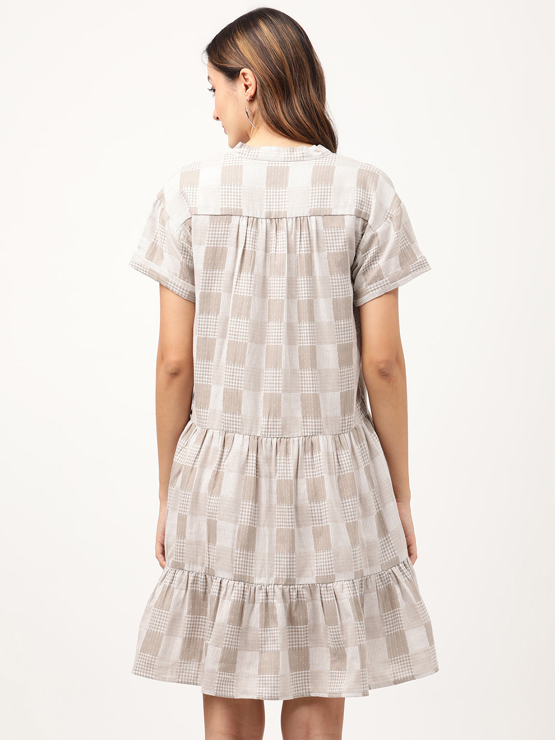 Elle Women Grey Checked V Neck Dress