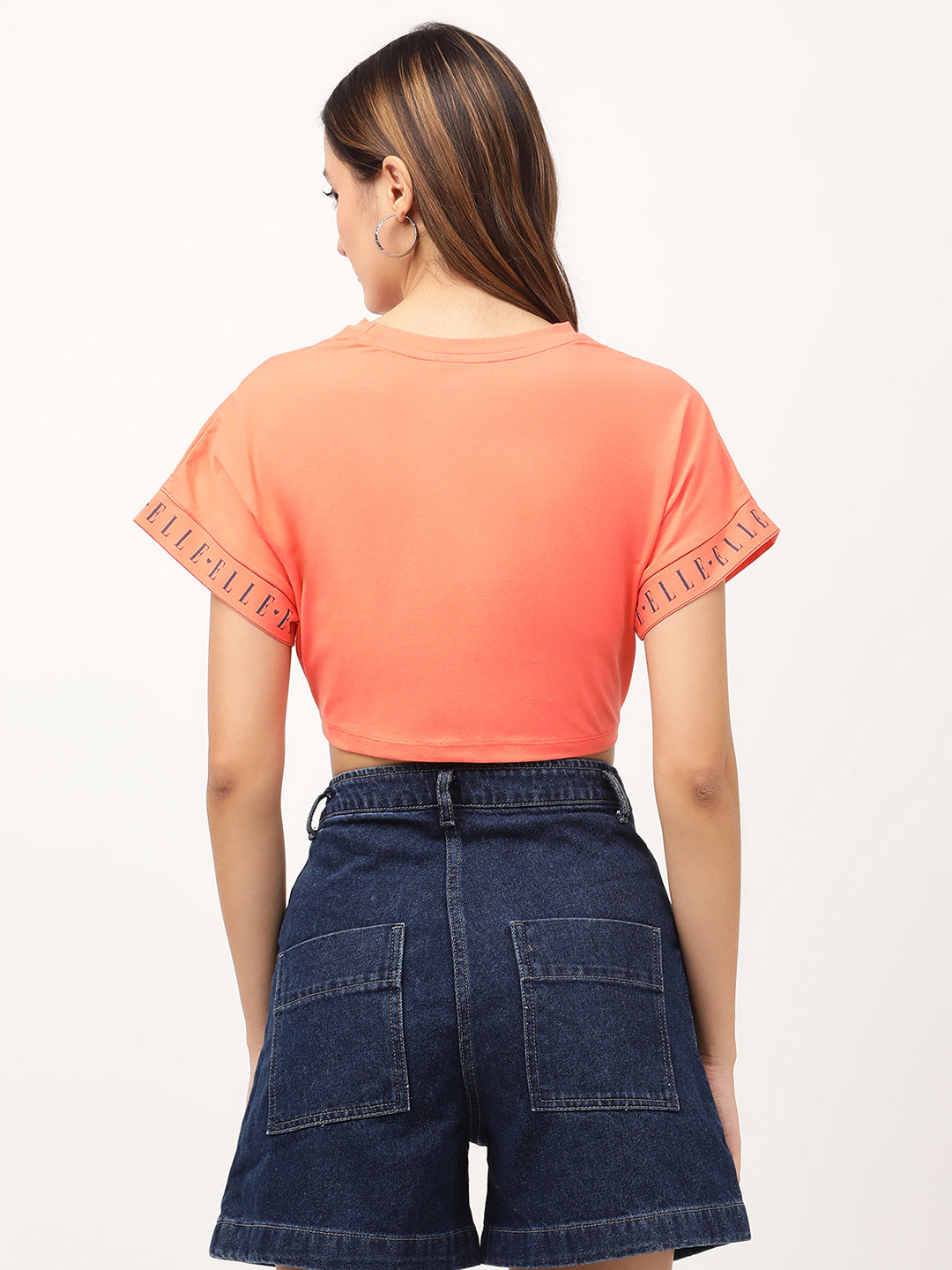 Elle Women Orange Solid Round Neck TShirt