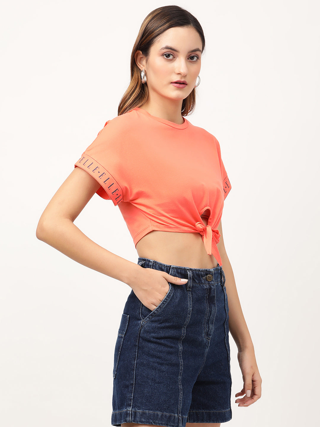 Elle Women Orange Solid Round Neck TShirt