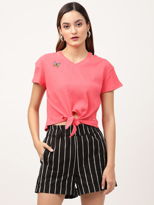 Elle Women Pink Solid V Neck TShirt