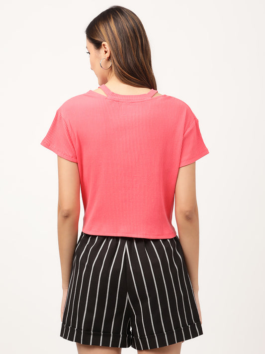 Elle Women Pink Solid V Neck TShirt