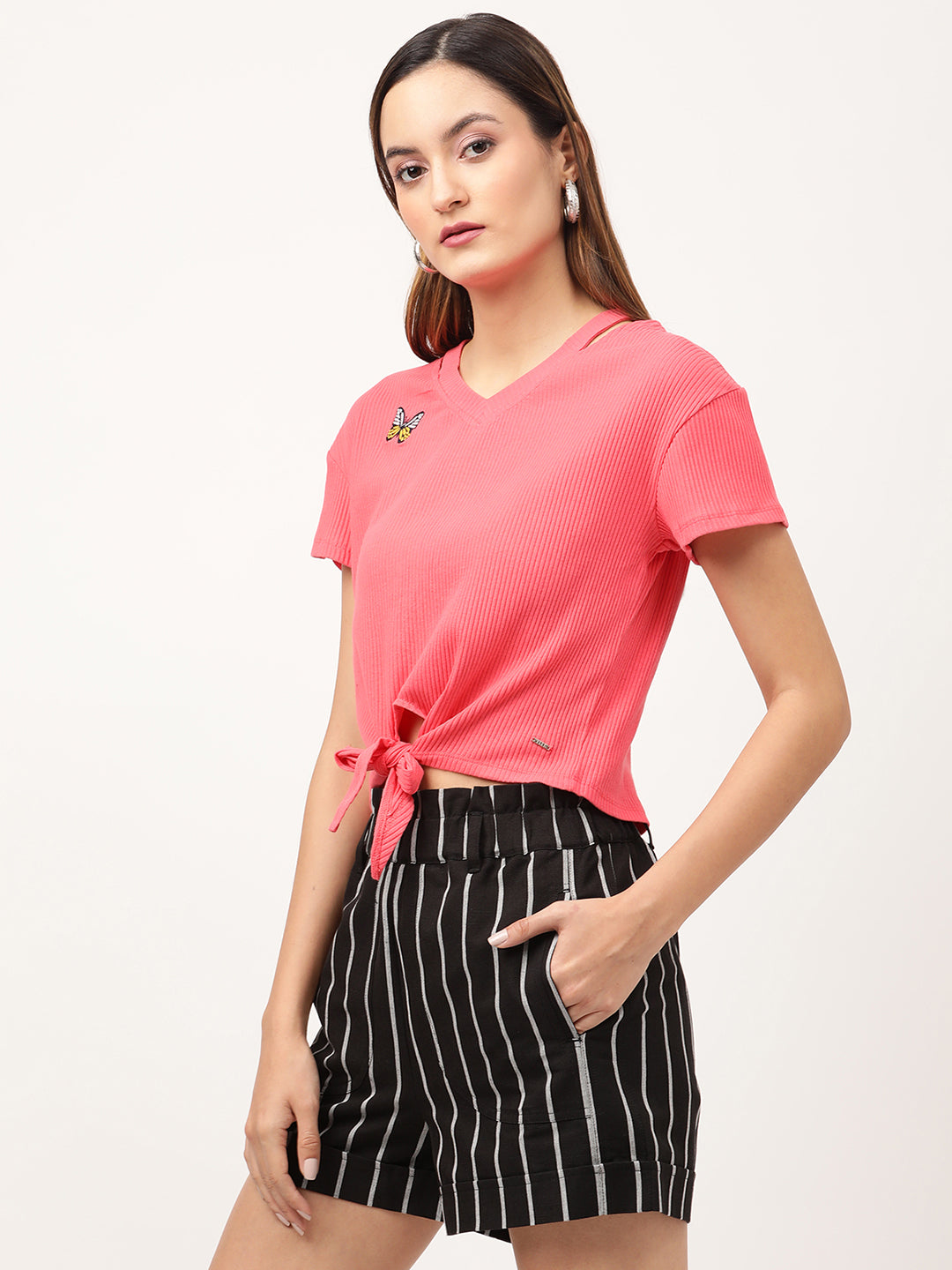 Elle Women Pink Solid V Neck TShirt