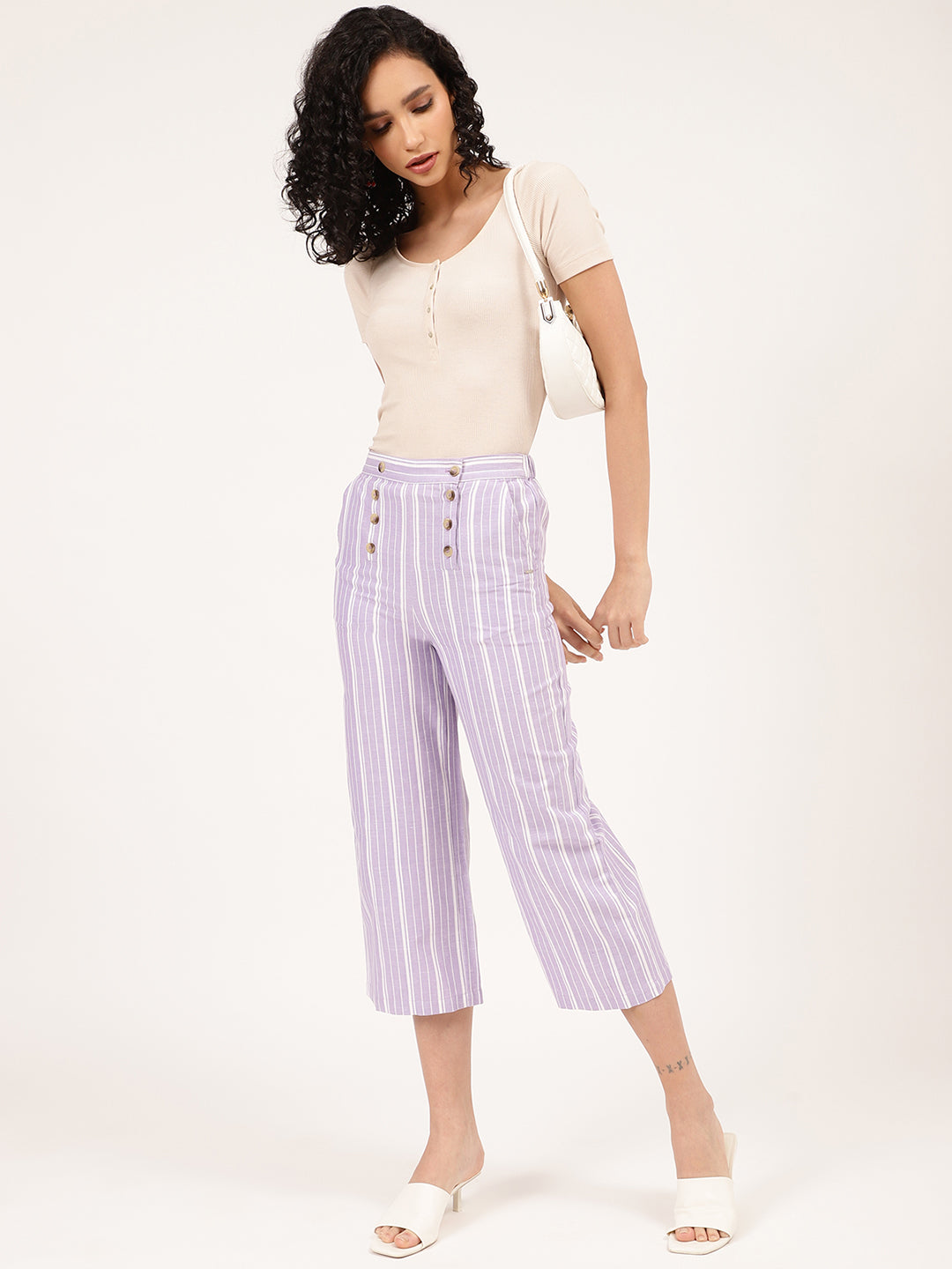 Elle Women Lilac Striped Fit And Flare Trouser