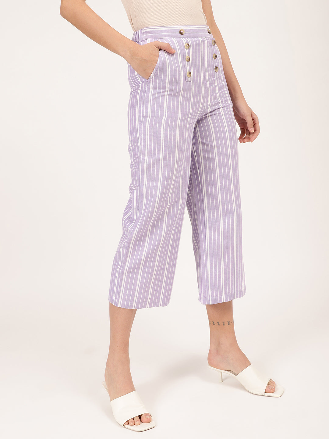 Elle Women Lilac Striped Fit And Flare Trouser