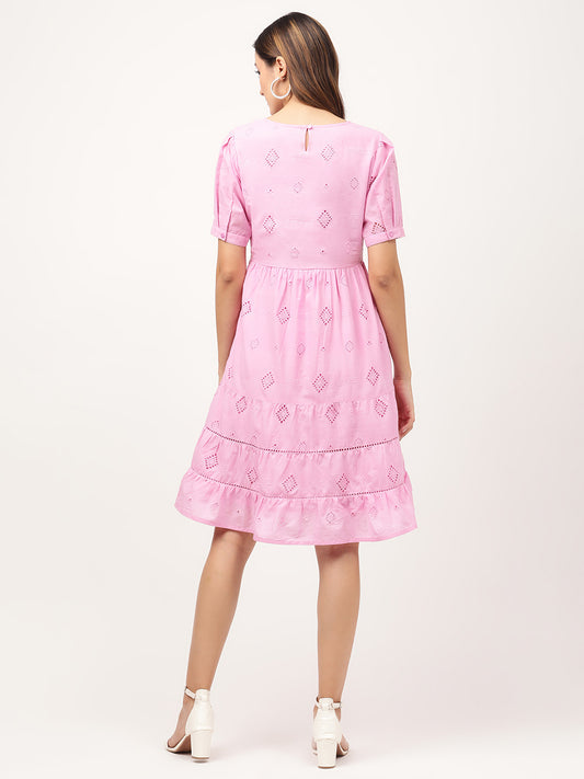 Elle Women Pink Solid Round Neck Dress