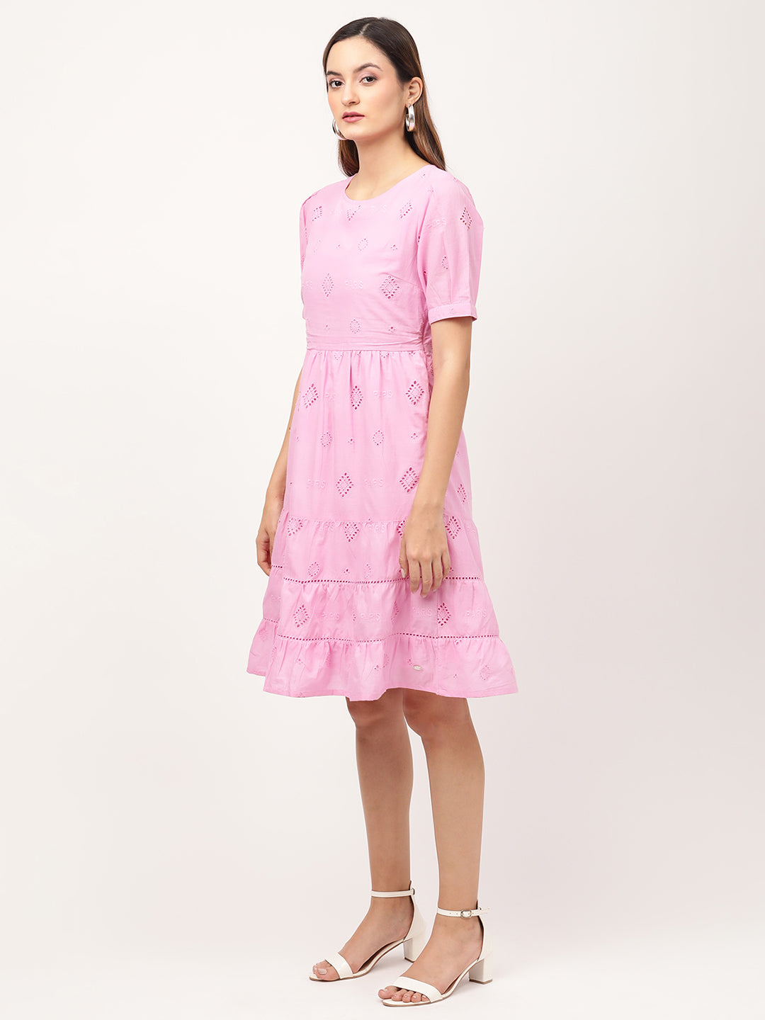 Elle Women Pink Solid Round Neck Dress