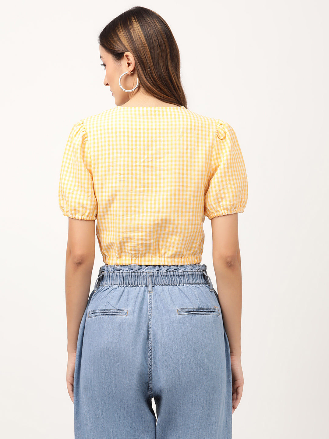 Elle Women Yellow Checked Round Neck Top