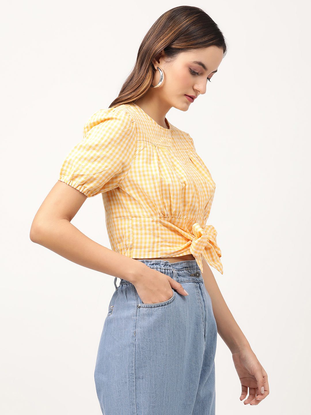 Elle Women Yellow Checked Round Neck Top
