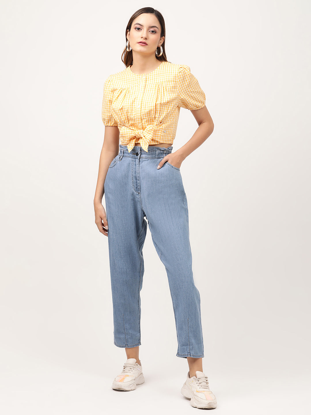 Elle Women Yellow Checked Round Neck Top