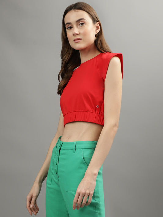 Iconic Women Red Solid Round Neck Top