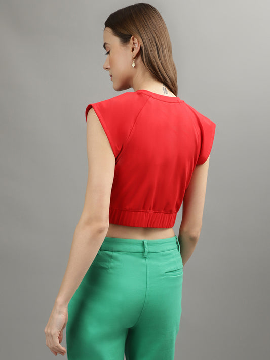 Iconic Women Red Solid Round Neck Top