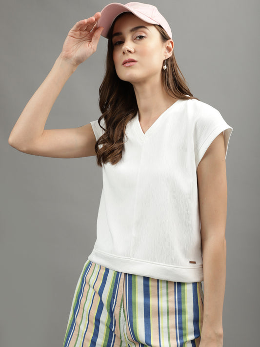 Iconic Women White Solid V Neck Top