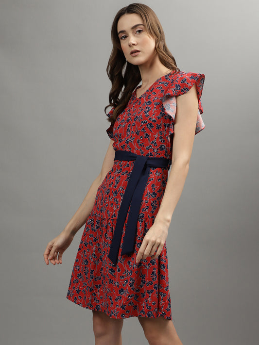 Iconic Women Red Printed V Neck Dress