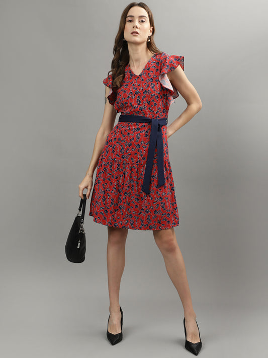 Iconic Women Red Printed V Neck Dress