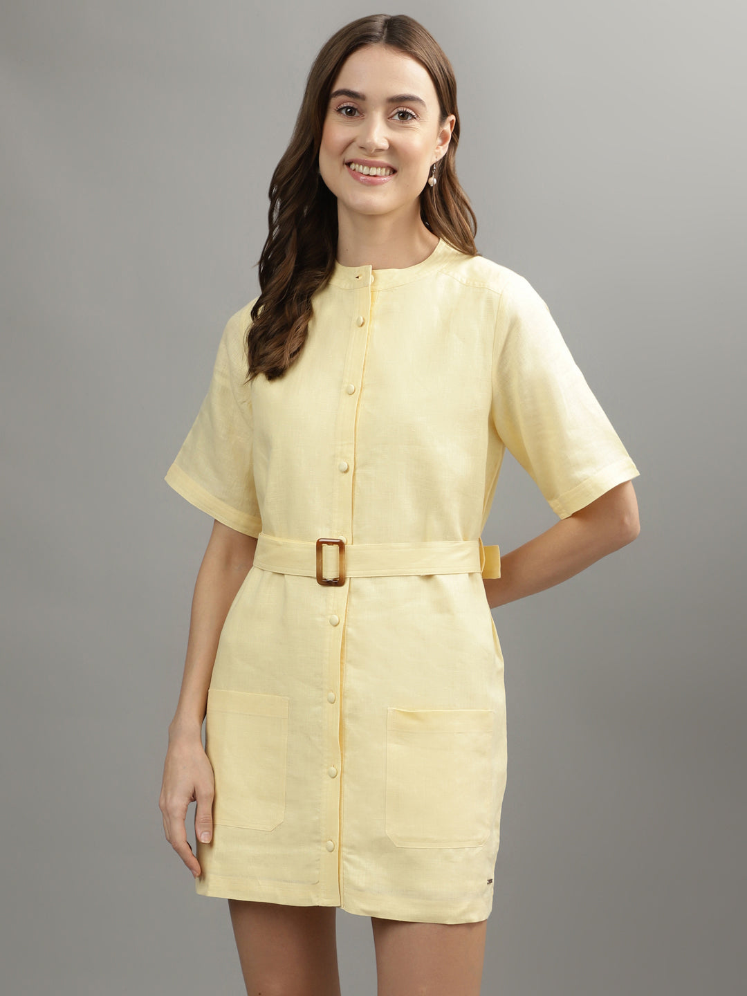 Iconic Women Yellow Solid Band Collar Dress