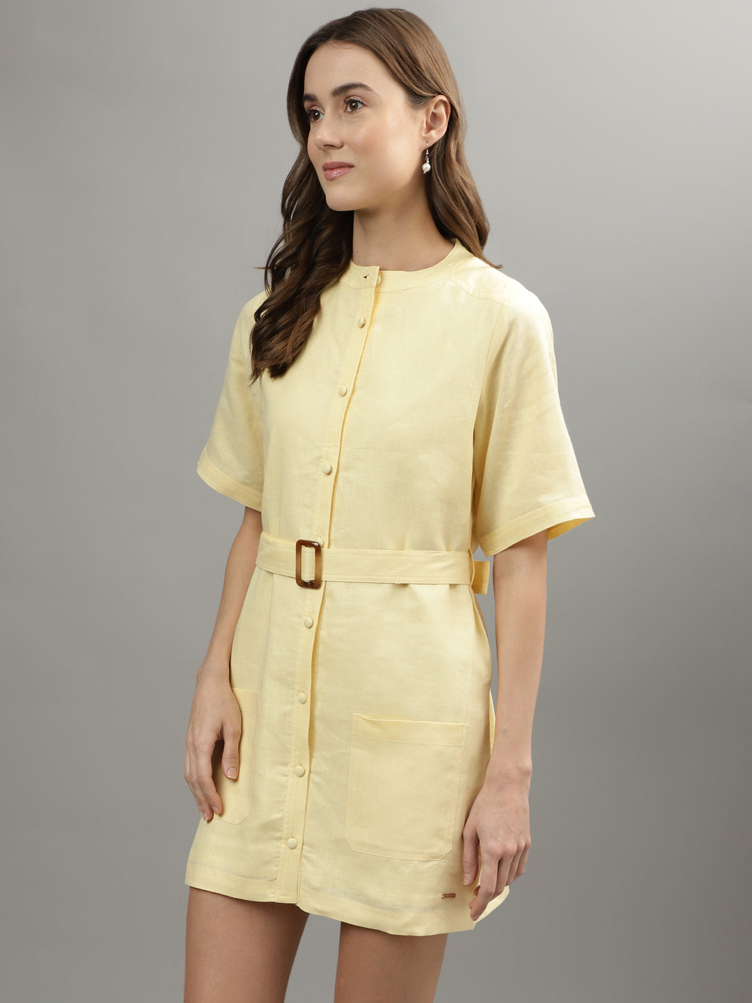 Iconic Women Yellow Solid Band Collar Dress