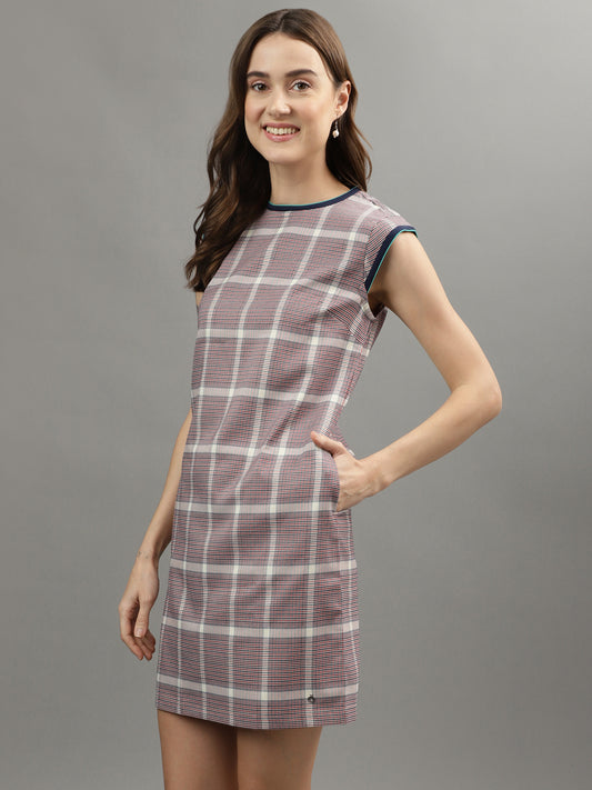 Iconic Women Red Checked Round Neck Dress