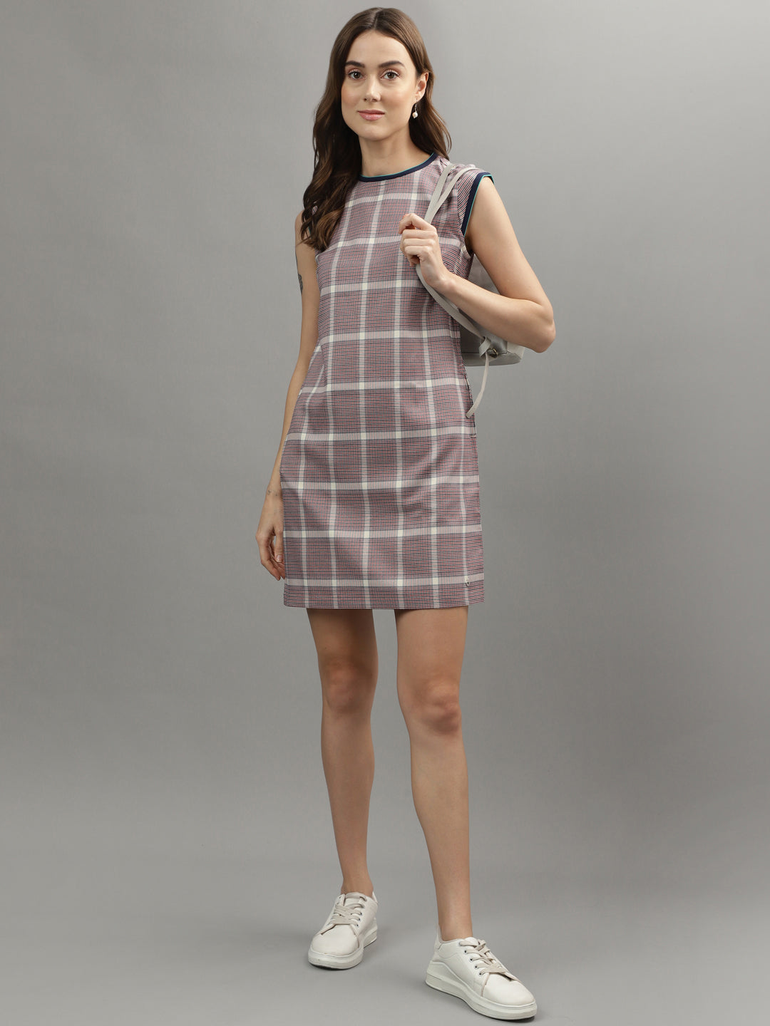 Iconic Women Red Checked Round Neck Dress