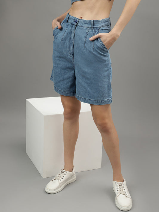 Iconic Women Blue Solid Regular Fit Shorts