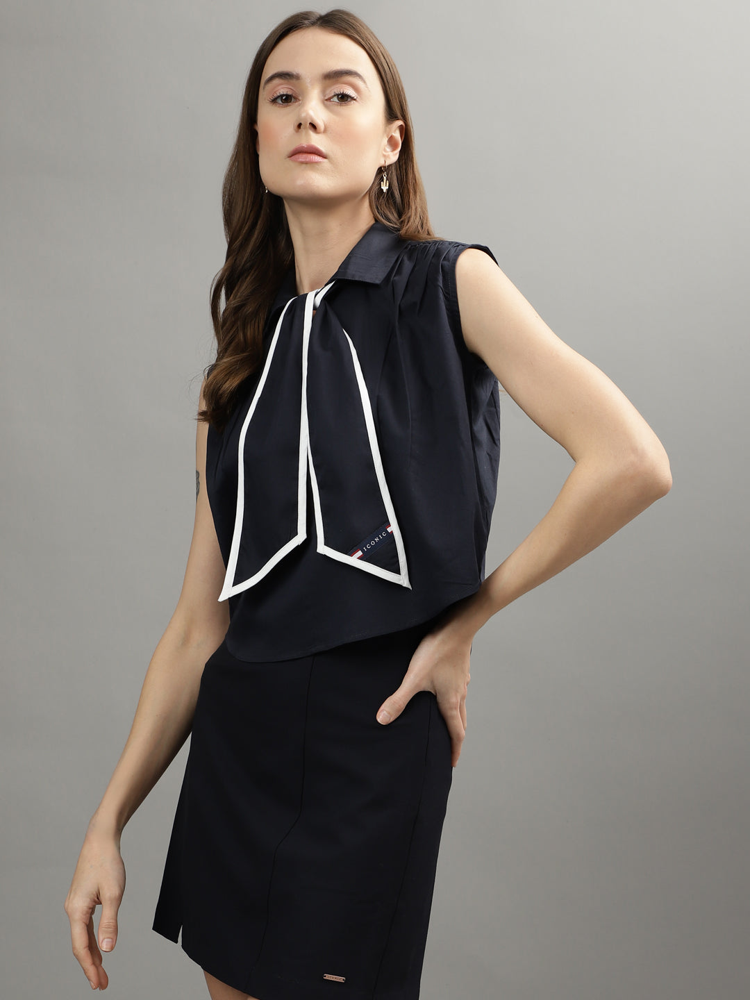 Iconic Women Navy Blue Solid Collar Top