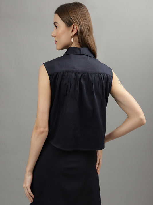Iconic Women Navy Blue Solid Collar Top