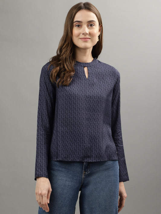 Iconic Women Navy Blue Printed Band Collar Top