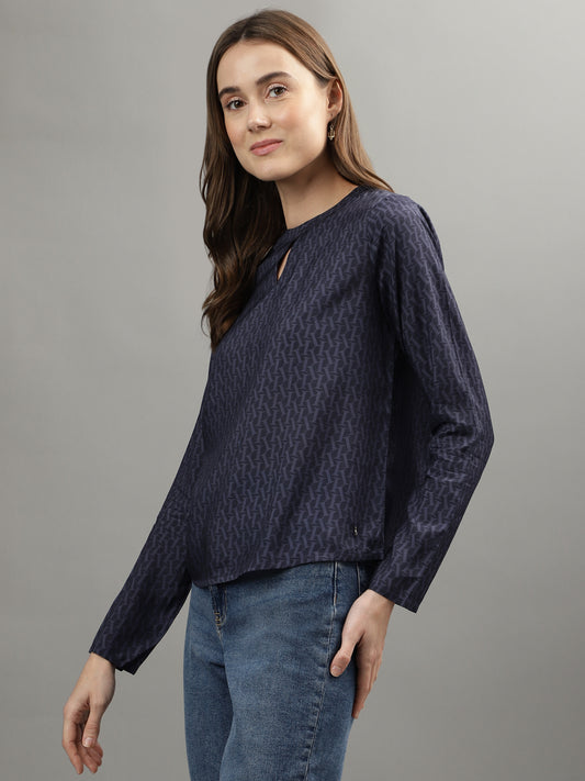 Iconic Women Navy Blue Printed Band Collar Top