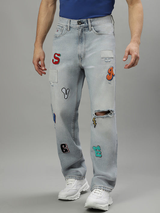 Iconic Men Blue Embroidered Relaxed Fit Jeans