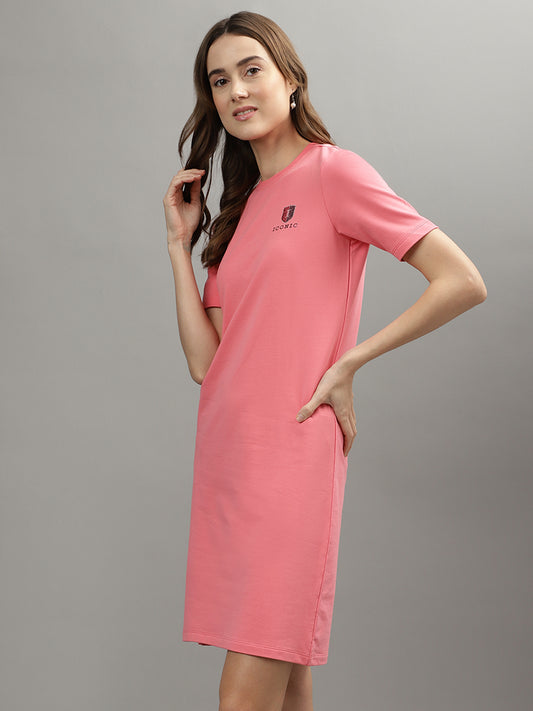 Iconic Women Coral Solid Round Neck Dress
