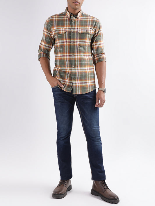 Lindbergh Olive Checked Relaxed Fit Shirt