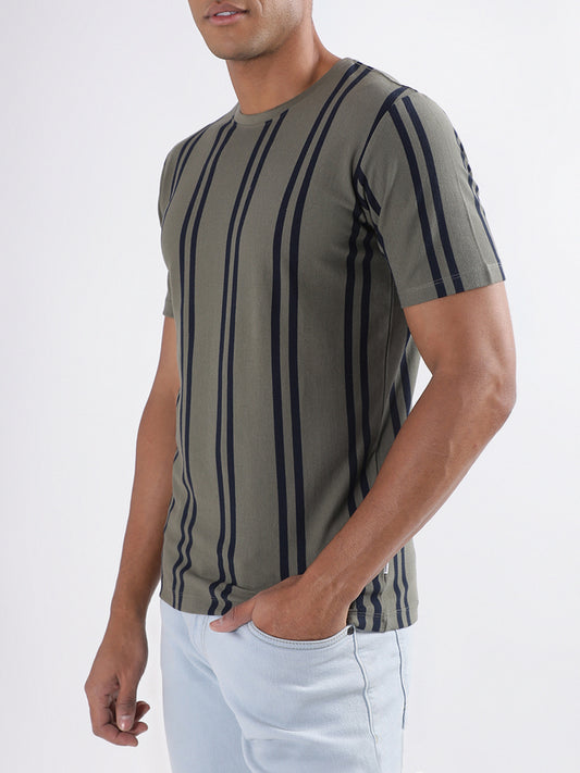 Lindbergh Olive Striped Oversize Fit T-Shirt