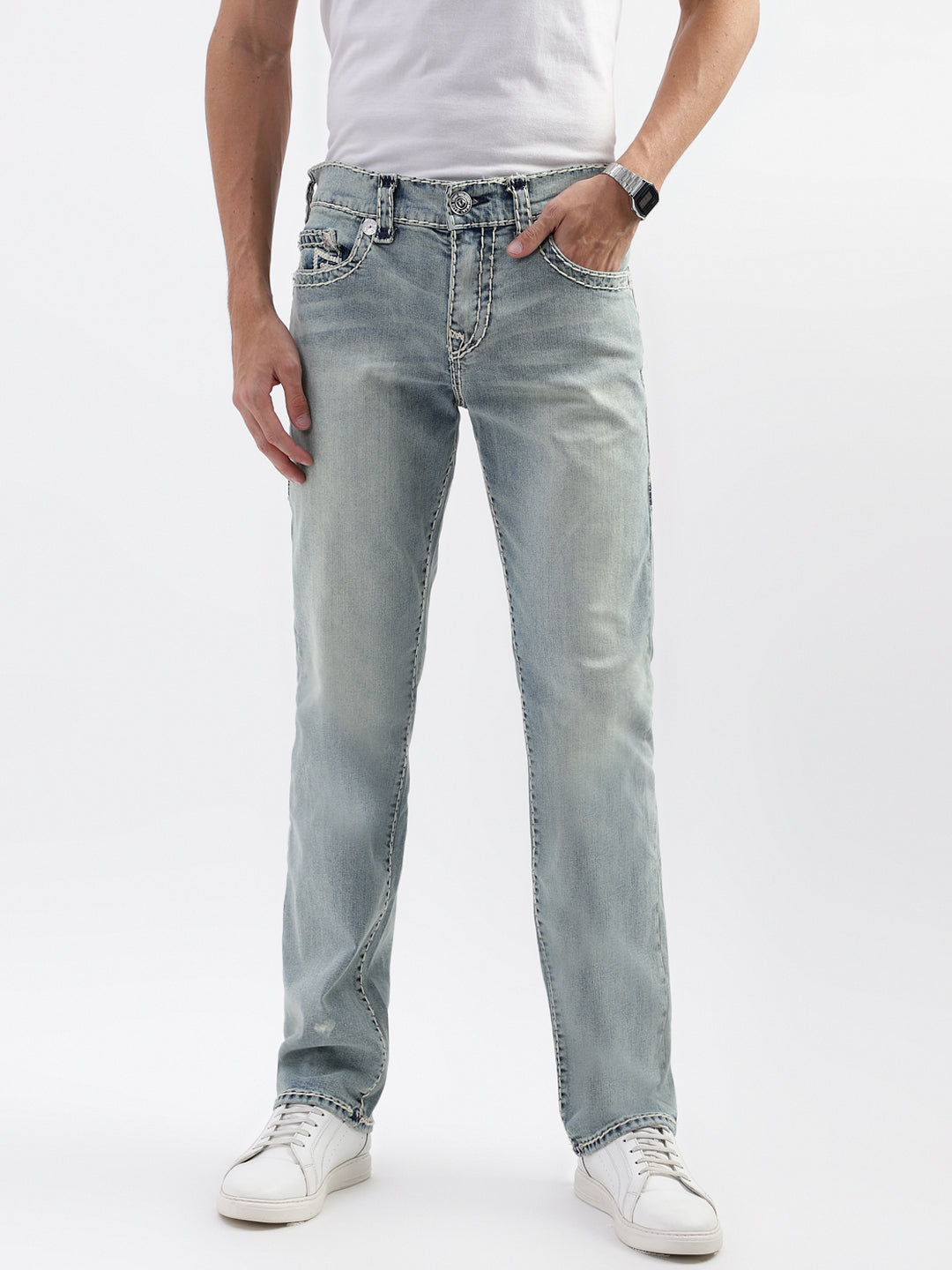 True Religion Men Blue Solid Straight Fit Jeans