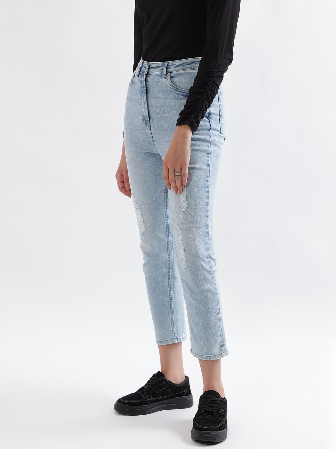 Elle Women Blue Solid Slim Straight Fit Jeans