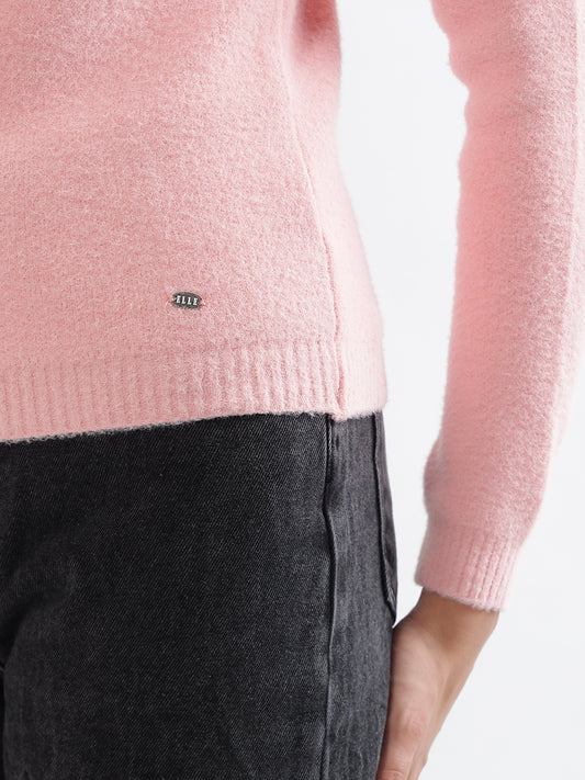 Elle Women Pink Solid Round Neck Sweater