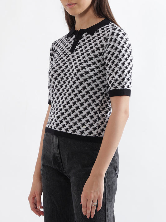 Elle Black, White & Grey Houndstooth Relaxed Fit Top