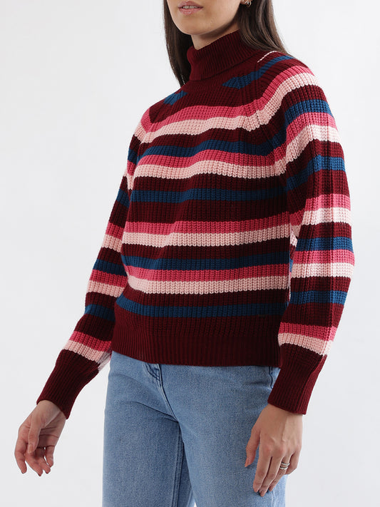 Elle Women Multi Striped Turtle Neck Sweater