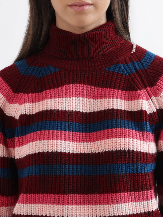Elle Women Multi Striped Turtle Neck Sweater