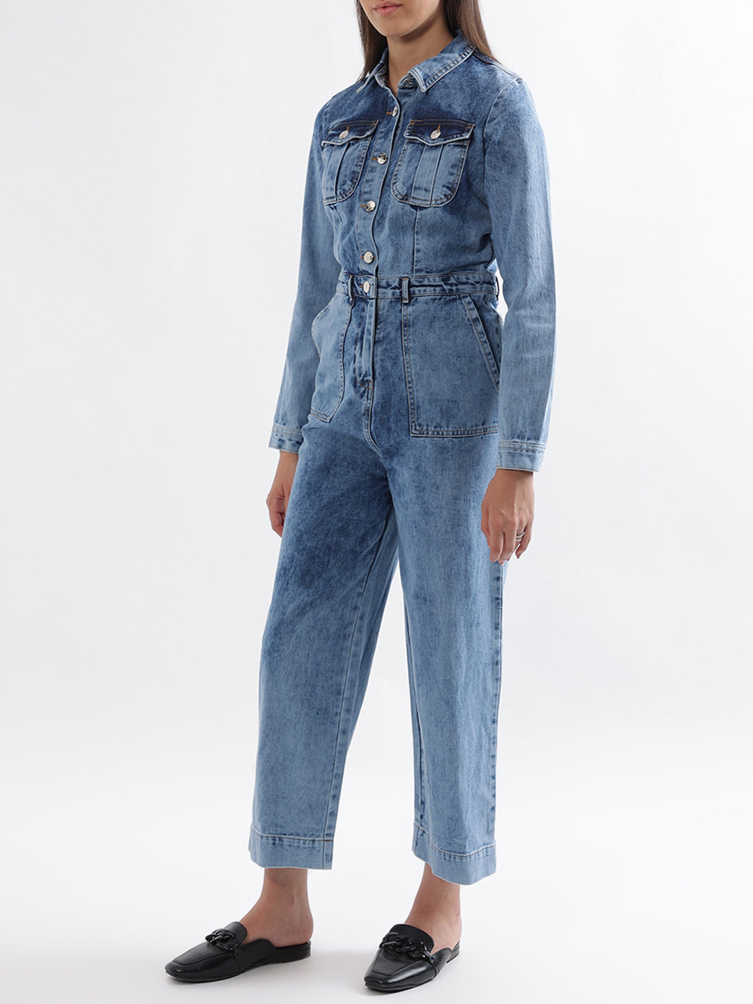 Elle Women Blue Solid Collar Jumpsuit