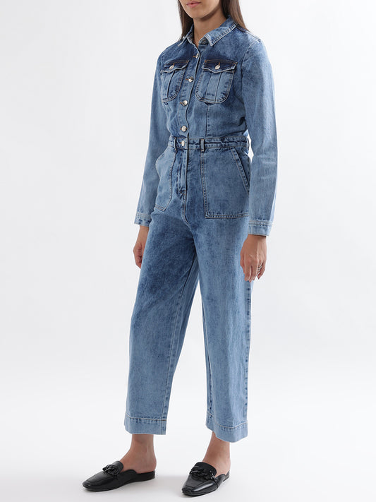 Elle Women Blue Solid Collar Jumpsuit