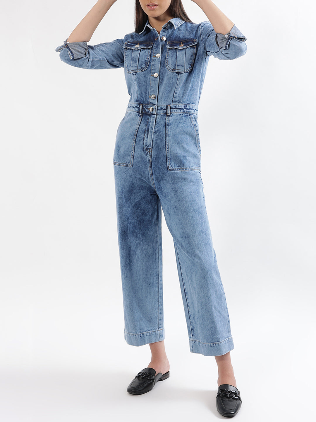 Elle Women Blue Solid Collar Jumpsuit