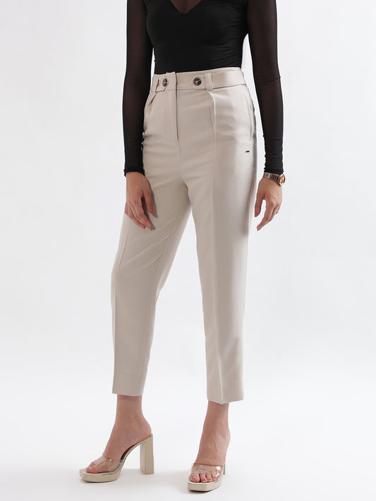 Elle Women Beige  Solid Relaxed Fit Trouser
