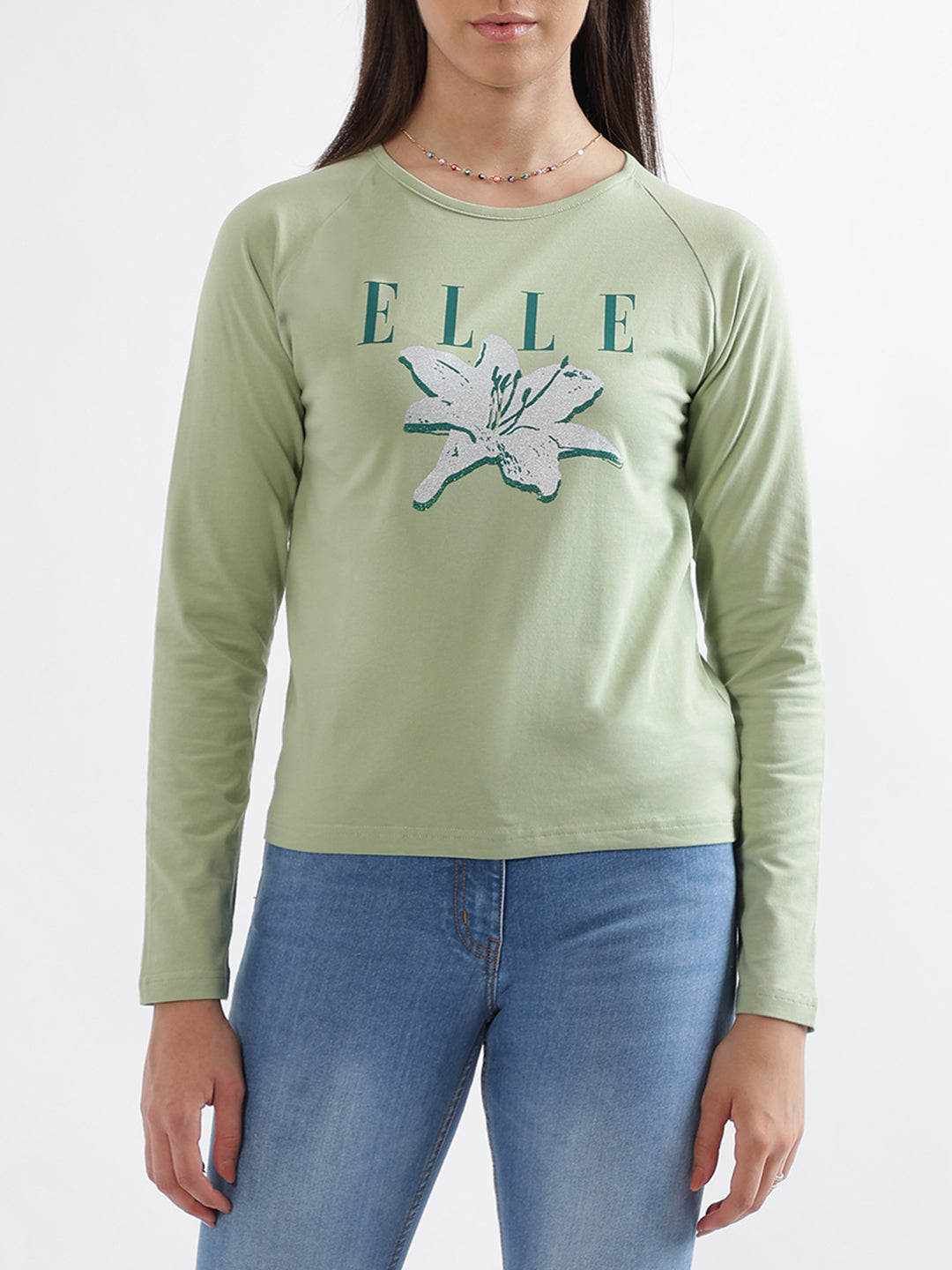 Elle Women Green Solid Round Neck TShirt