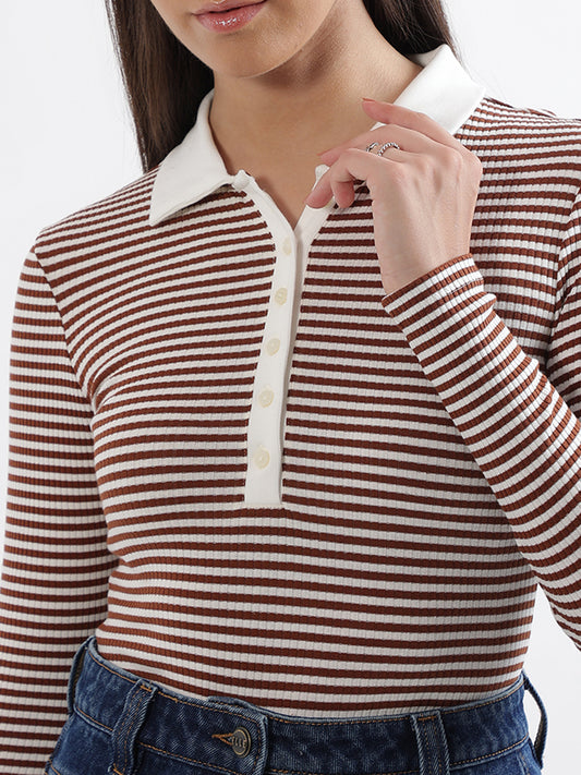 Elle White & Brown Striped Fitted T-Shirt