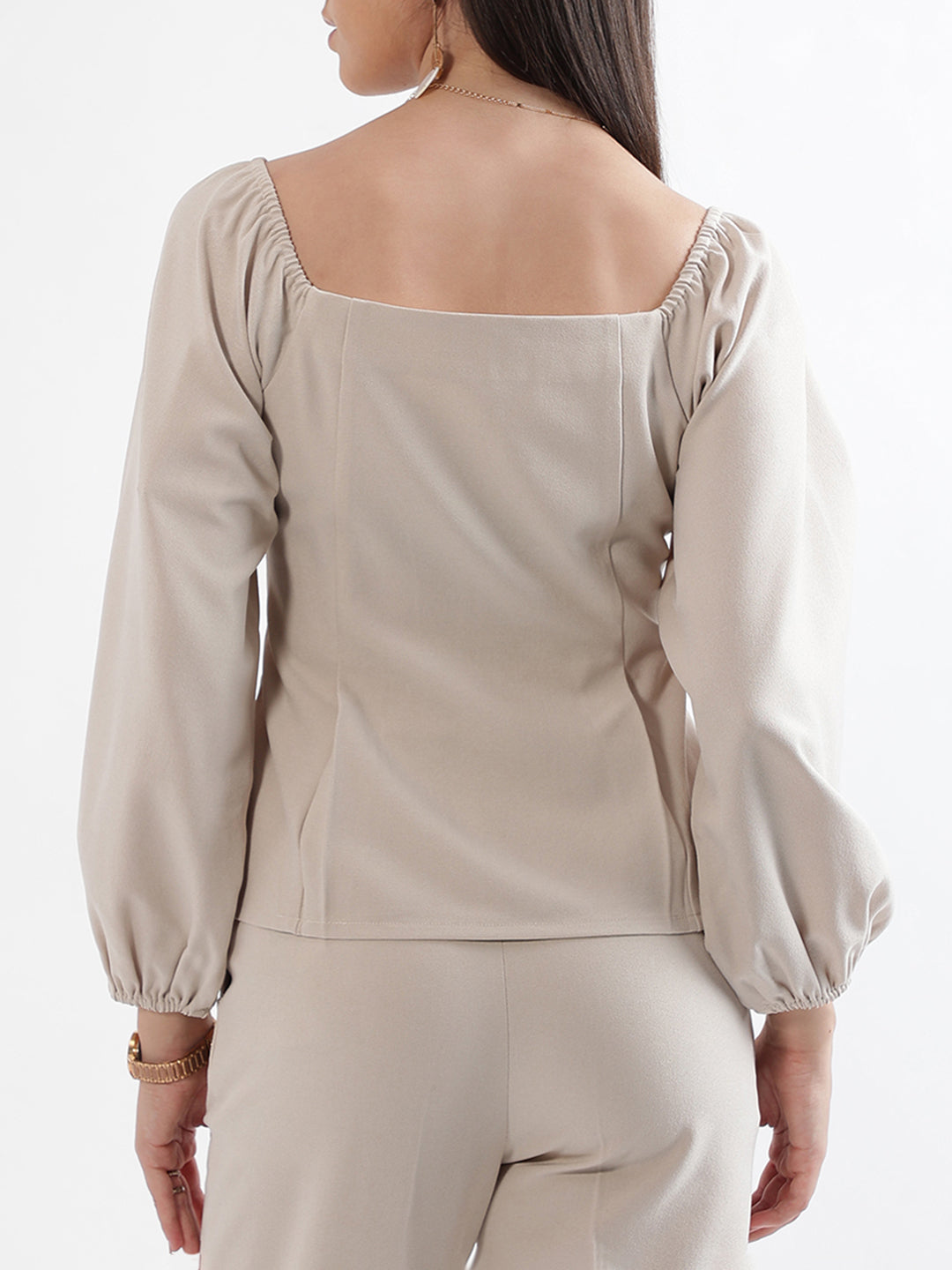 Elle Women Beige Solid Sweatheart Neckline Top