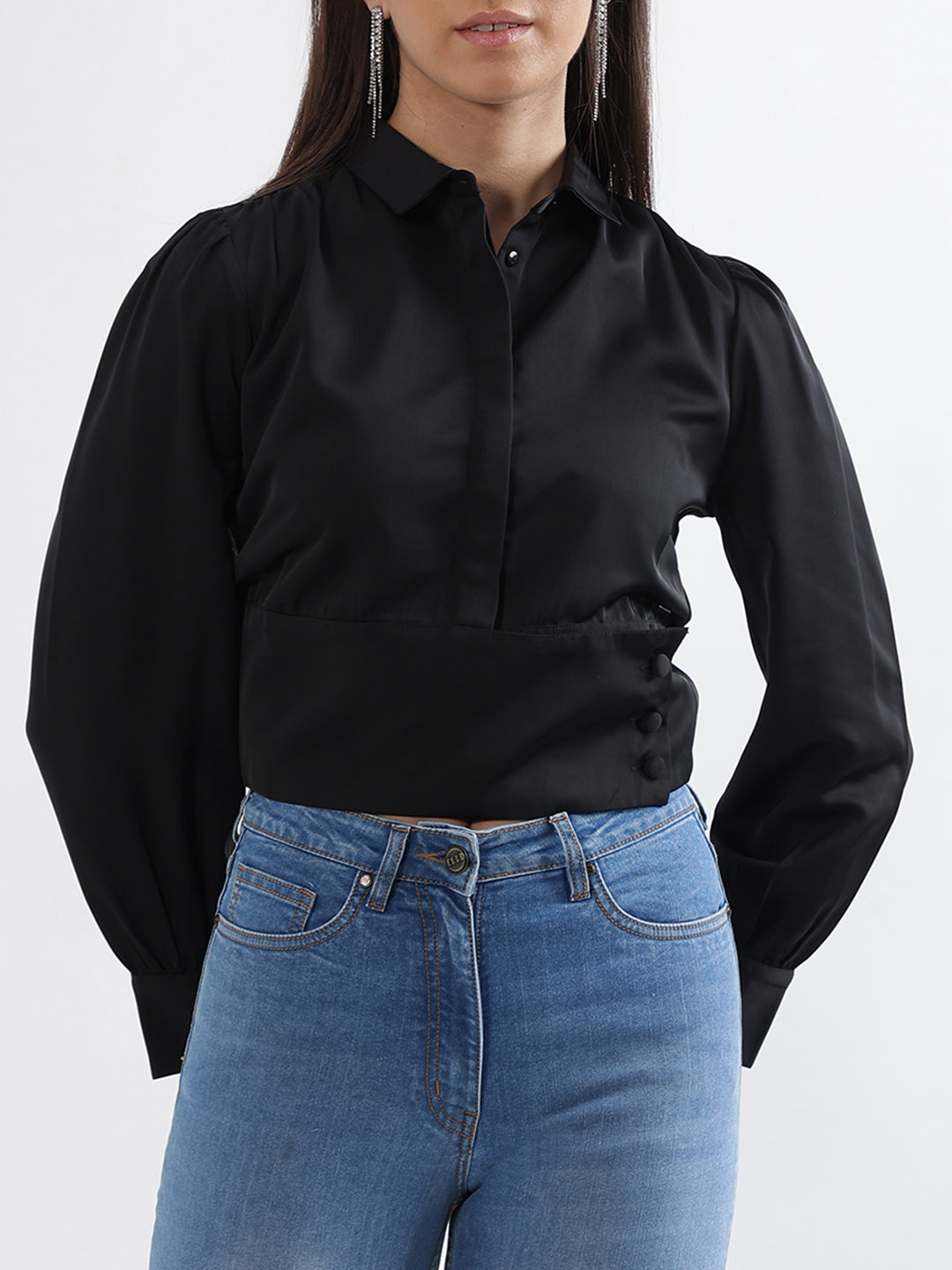 Elle Women Black Solid Collar Top