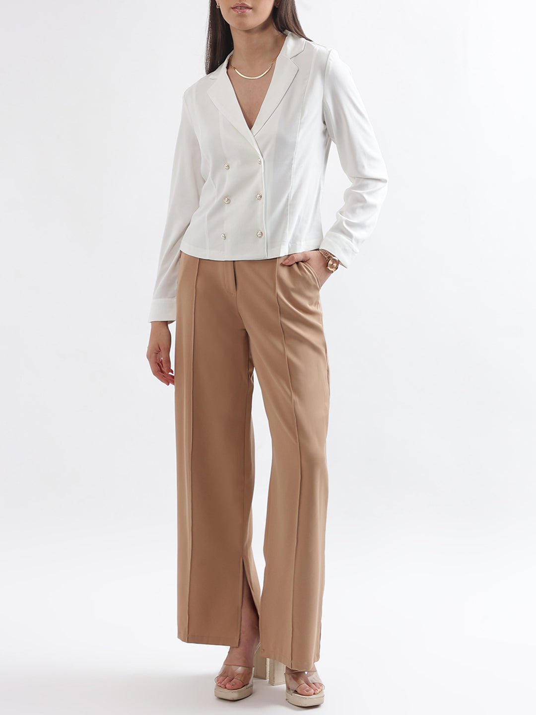 Centre Stage Women Cream Solid Collar Top