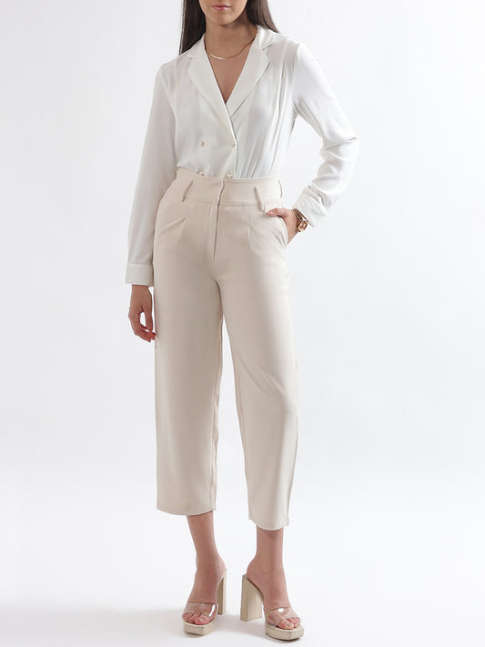Centre Stage Women Cream Solid Straight Fit Trouser