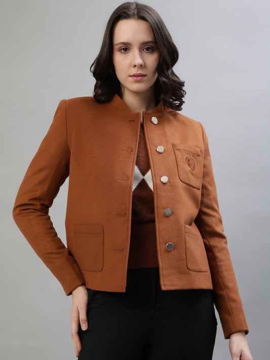 Iconic Women Tan Solid Collar Jacket