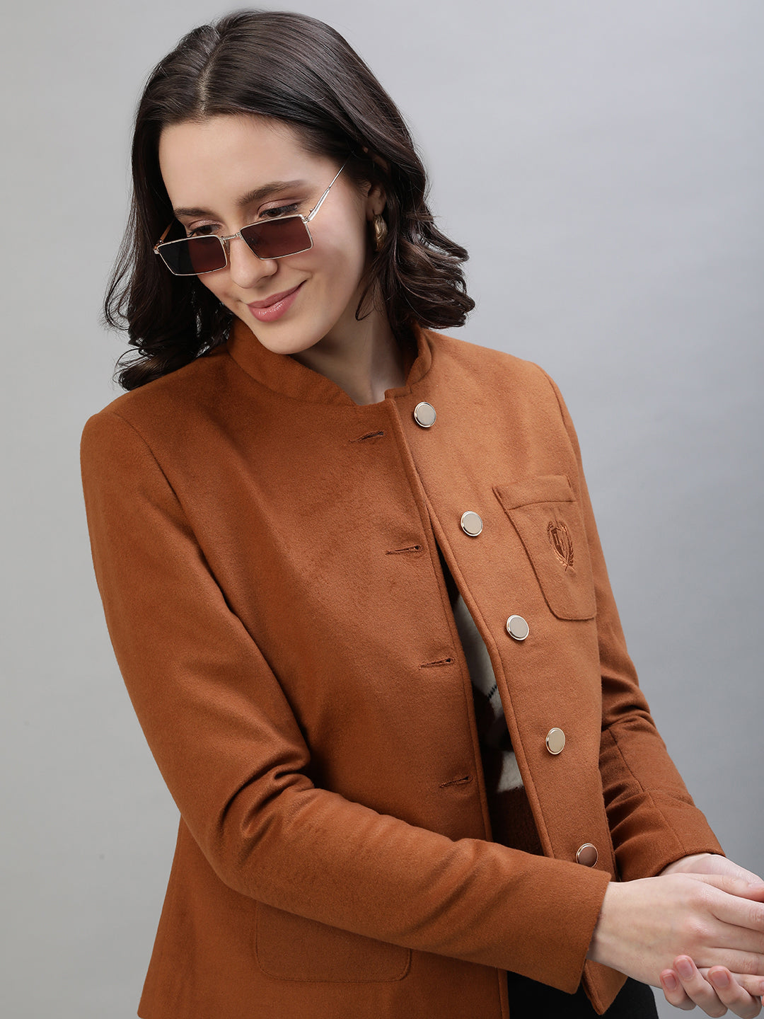Iconic Women Tan Solid Collar Jacket